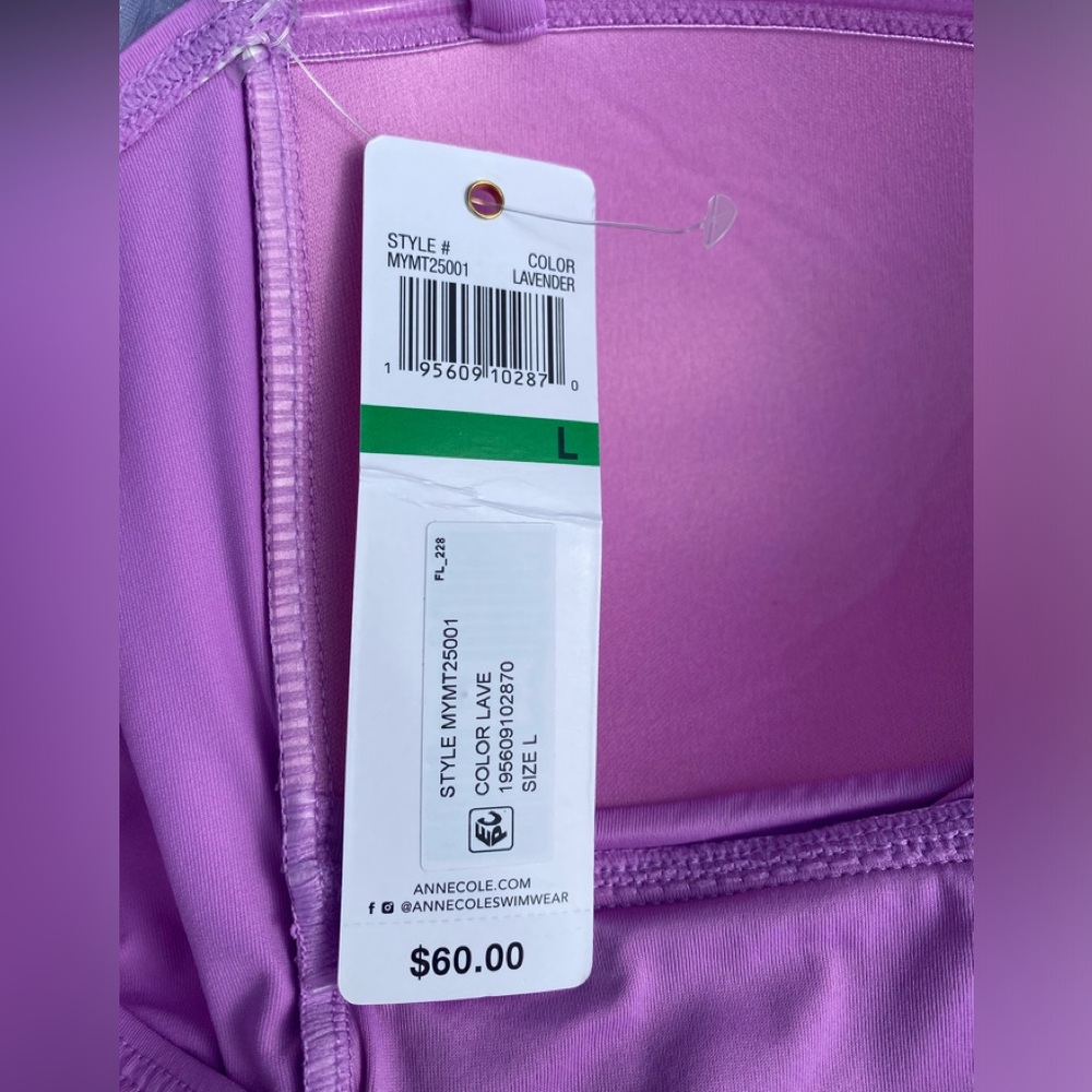 NWT Ann Cole - Lavender tankini with adjustable halter strap & ruching. size: L - Picture 8 of 12